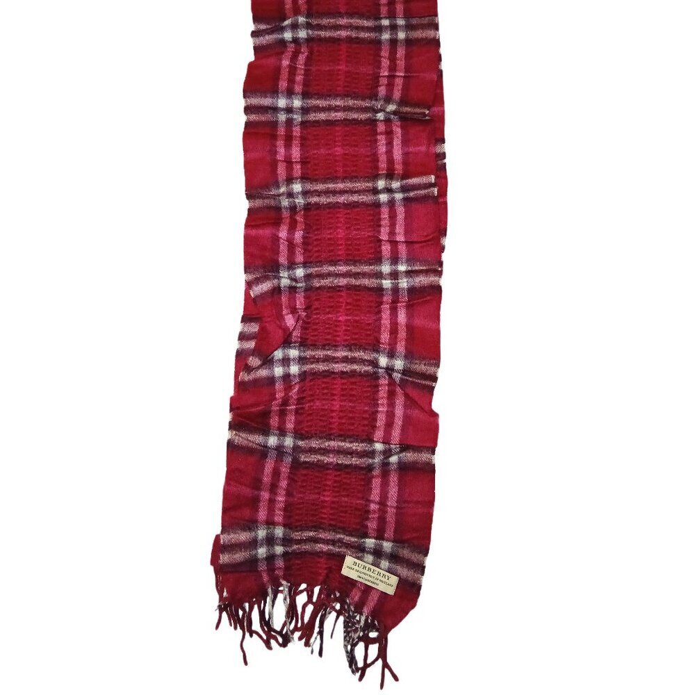 Burberry Ladies Vintage Dark Pink Fringed Ruched Luxury Plaid Fall Winter Scarf - Picture 2 of 4